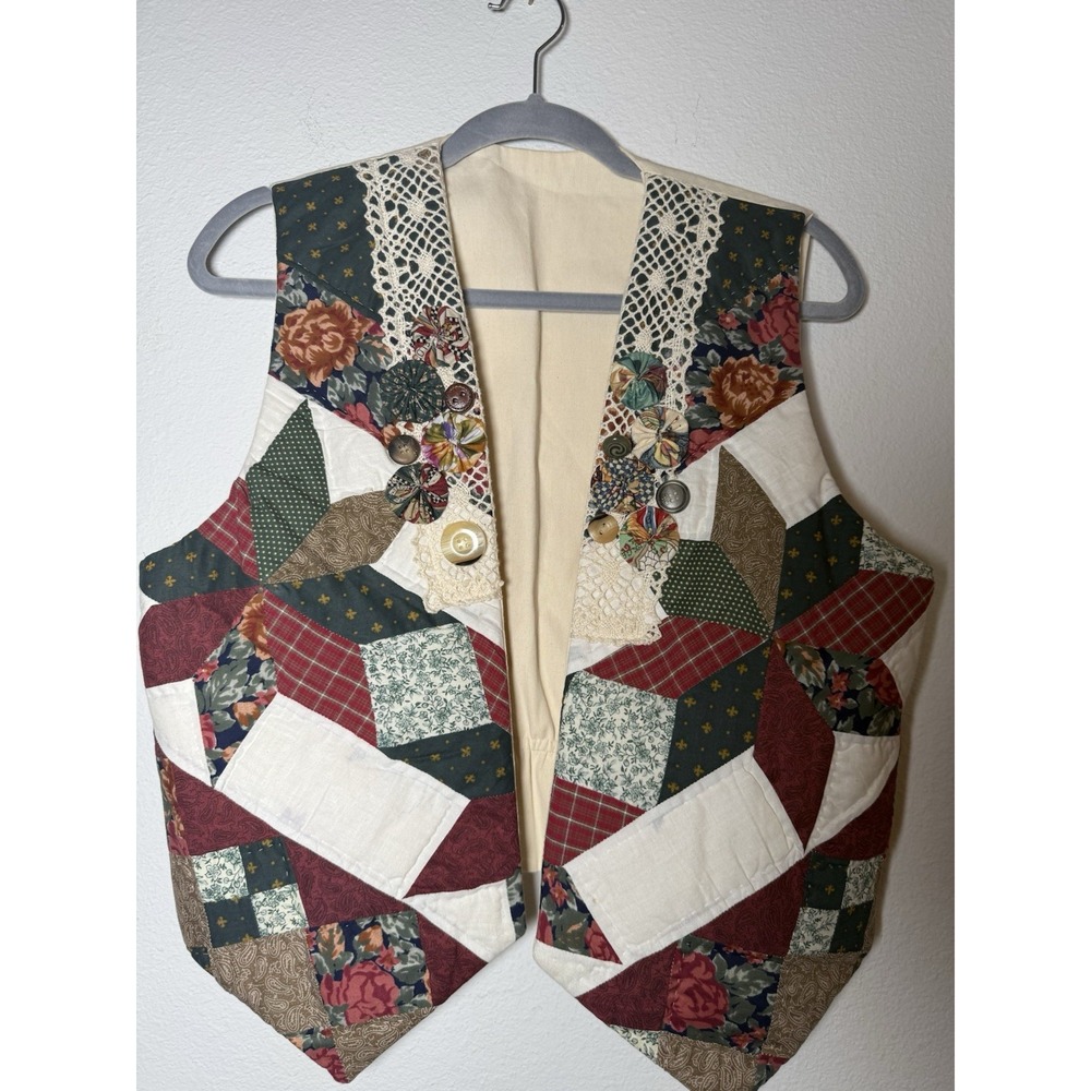 Vintage Quilted Handmade Granny Quilt Patchwork Button Vest Cottagecore - Picture 2 of 11